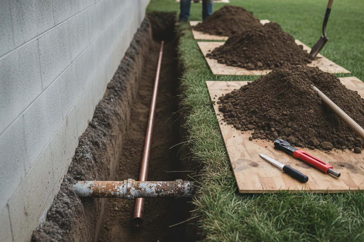 Excavated water line trench during Water Softener Installation in La Crescenta